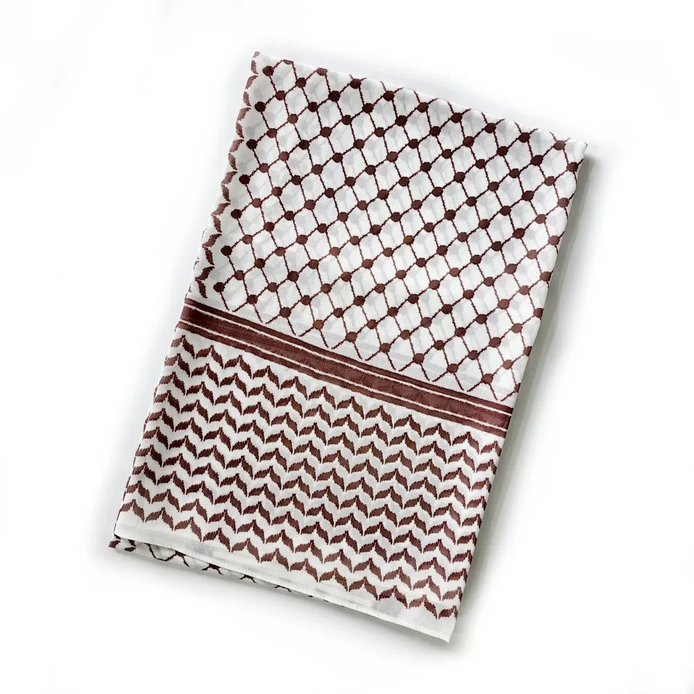 Folded Khaki Wine Palestinian Keffiyeh Hijab – Earthy-Toned Cultural Scarf for Everyday Modest Fashion