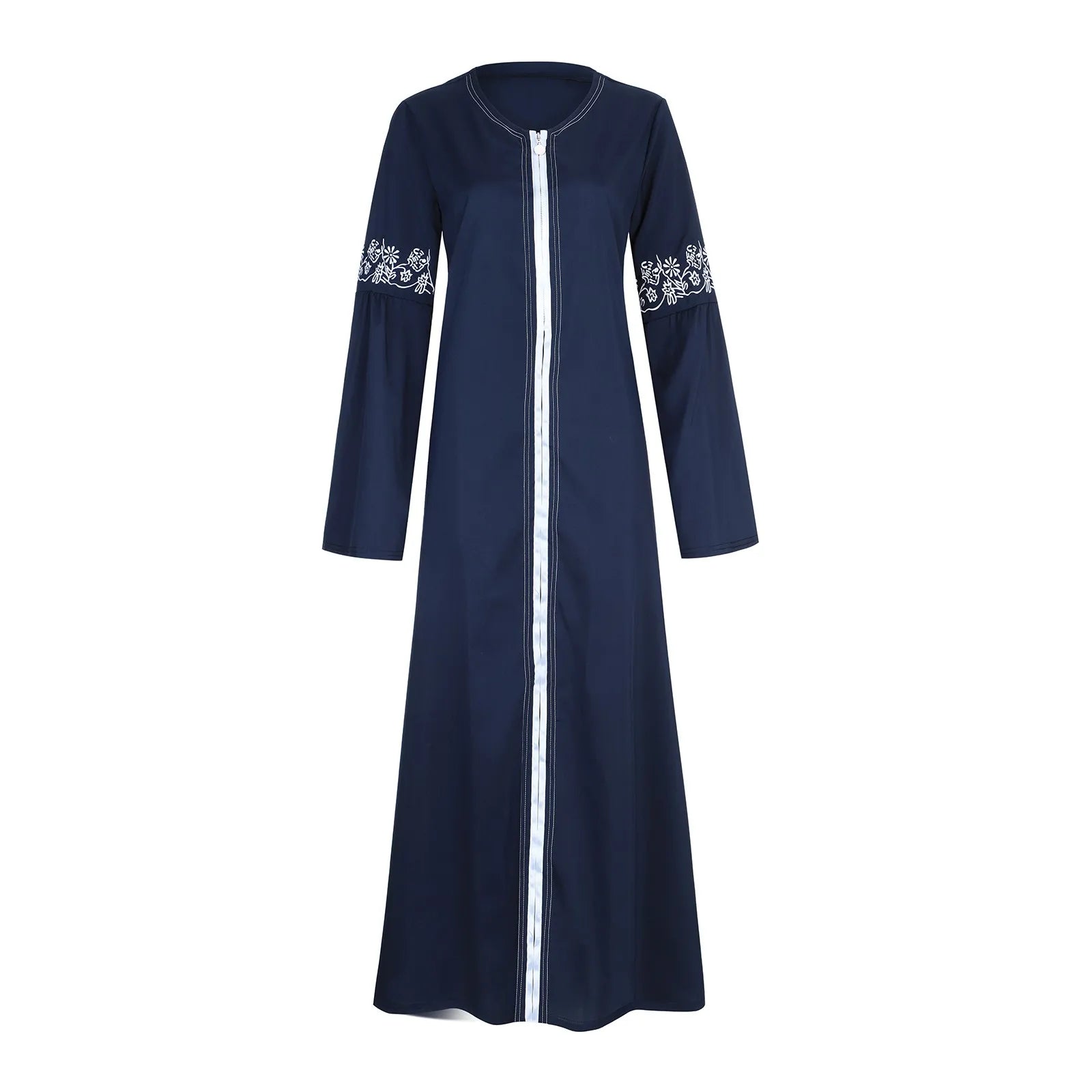 Luxury navy floral abaya for women on hanger, modest Islamic dress with elegant floral design, perfect for Eid and everyday modest fashion.