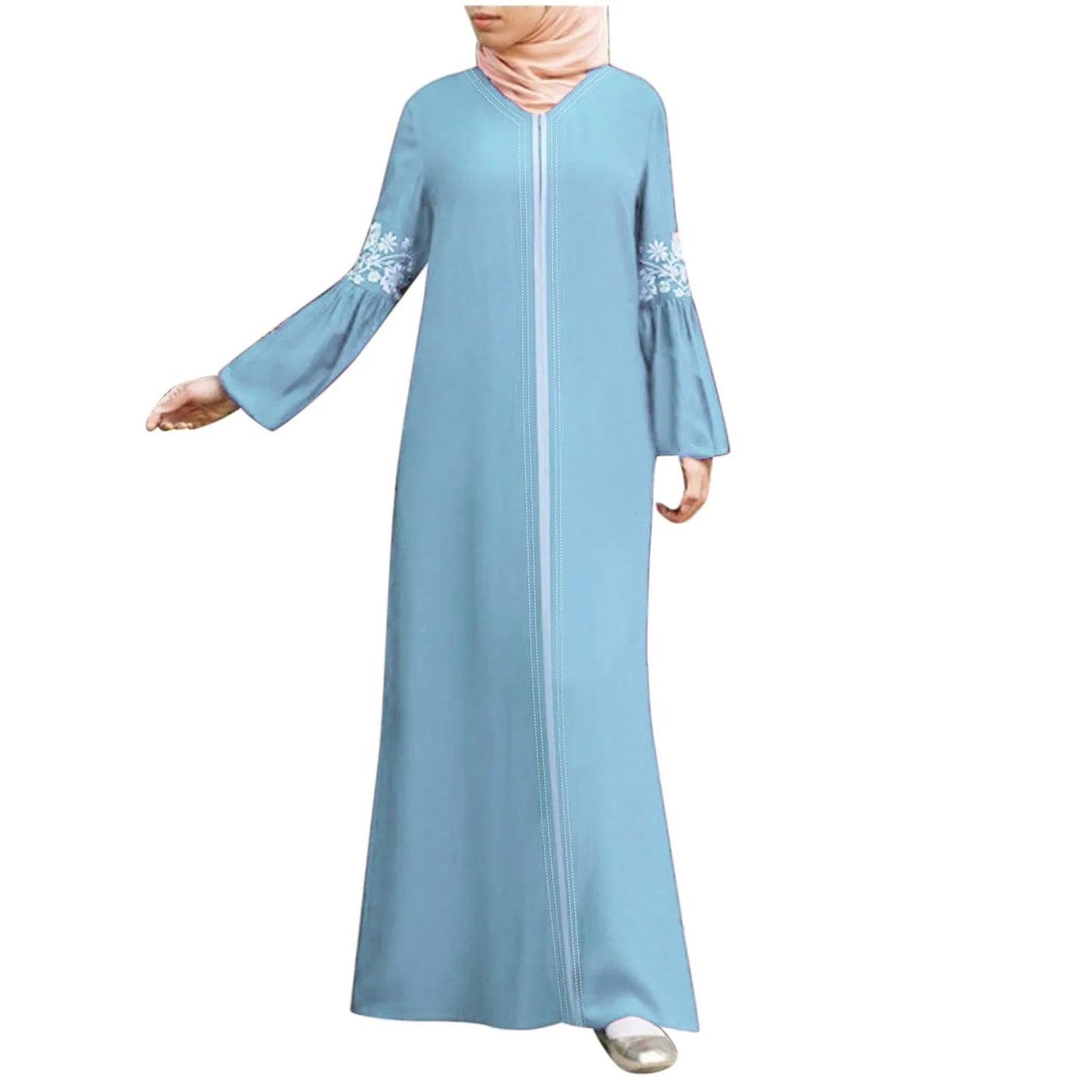 Modest floral abaya for women with lightweight flowy fabric, ideal for stylish hijab fashion and modern Muslim outfits.
