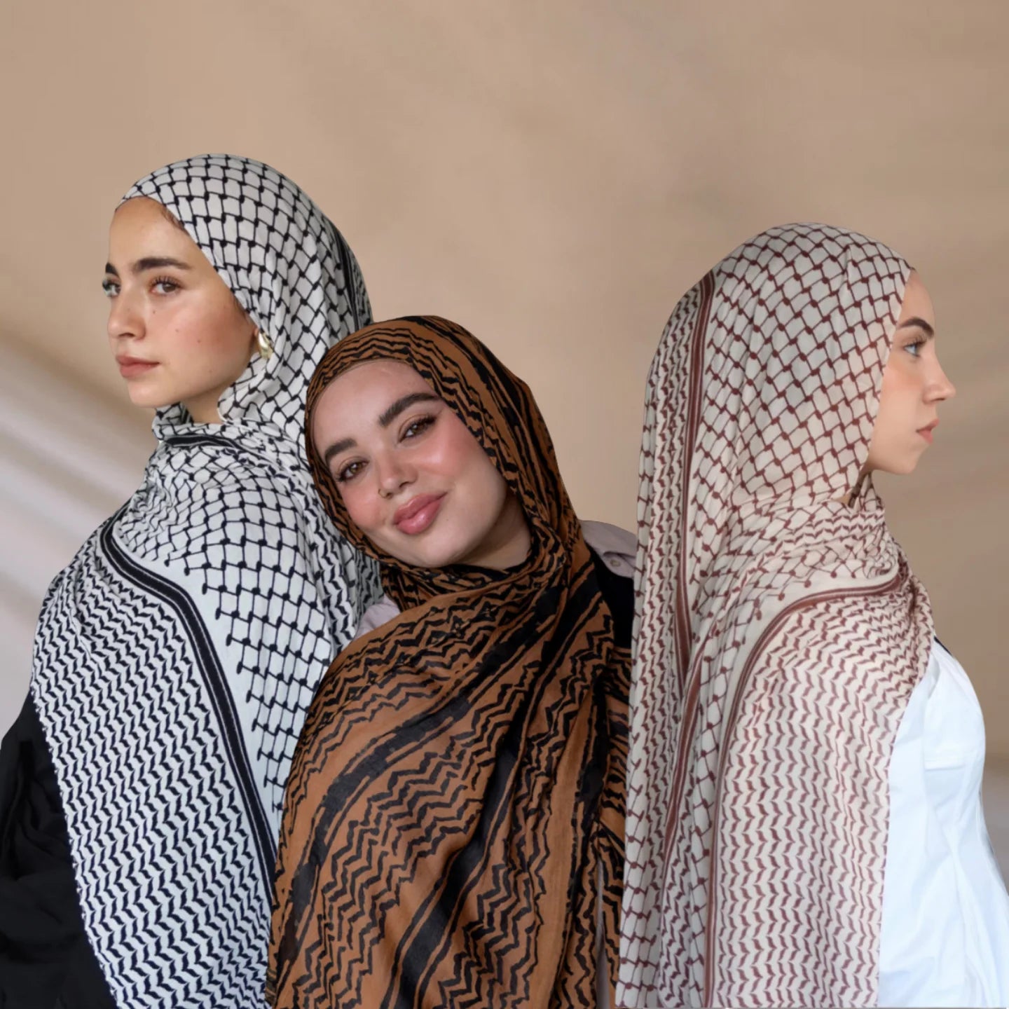 Group of Models Wearing Palestinian Keffiyeh Hijabs – Heritage-Inspired Cultural Hijab Lookbook