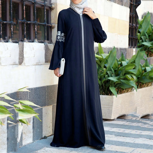 Elegant navy floral abaya for women with full-length modest design, perfect for everyday wear or formal occasions.