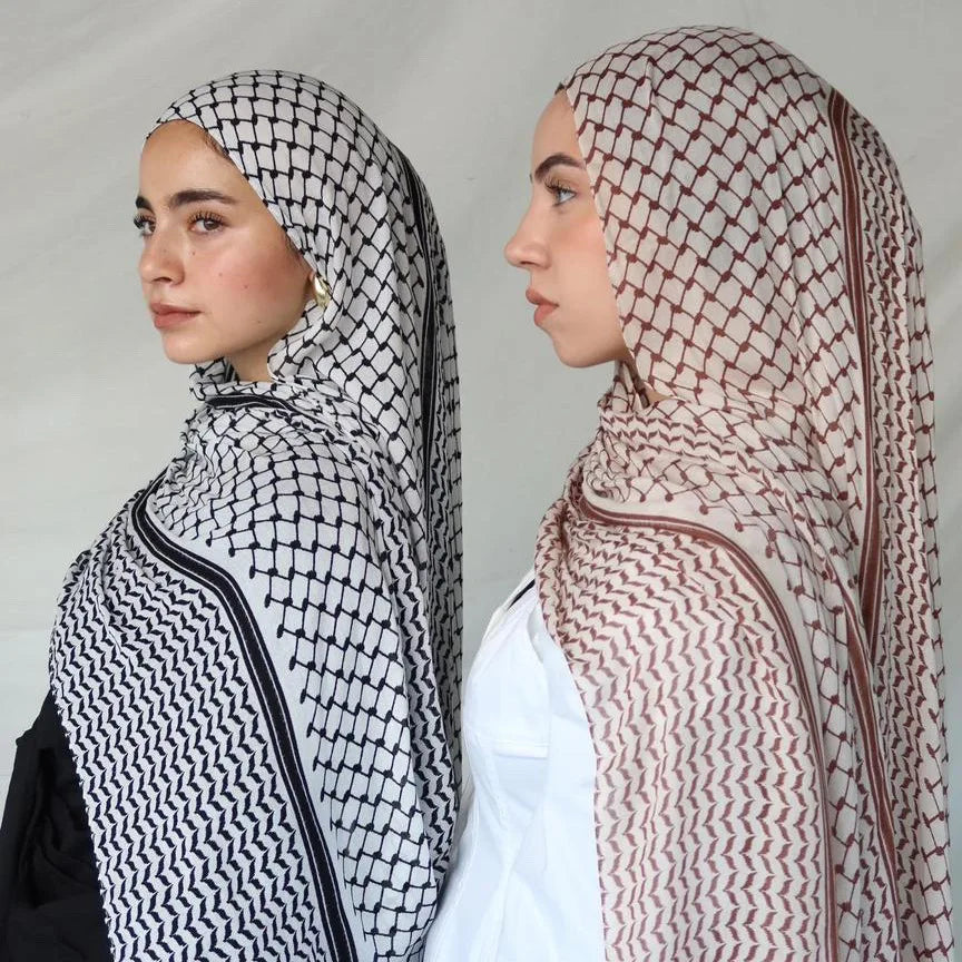 Two Women Wearing Palestinian Keffiyeh Hijabs – Modest Fashion Statement with Traditional Scarf