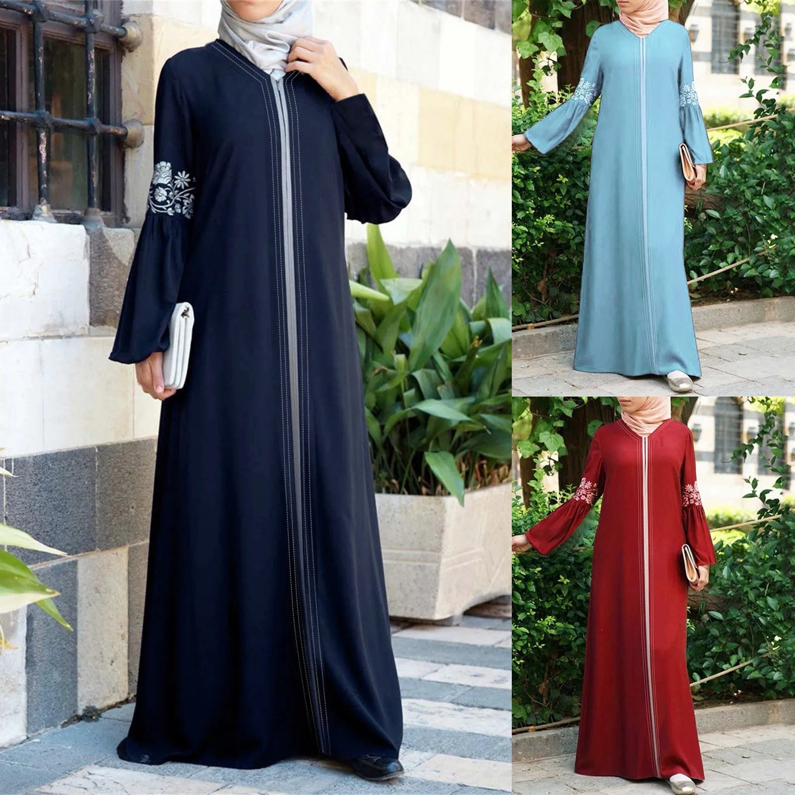 Collage of floral abayas for women in navy, red, and light blue, modest Islamic dresses for Muslim women’s fashion, perfect for Eid, prayer, and everyday wear.